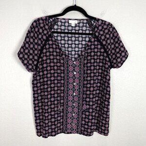 J Jill Womens Small Petite Short Sleeve Floral Blouse Boho Front Tie V Neck